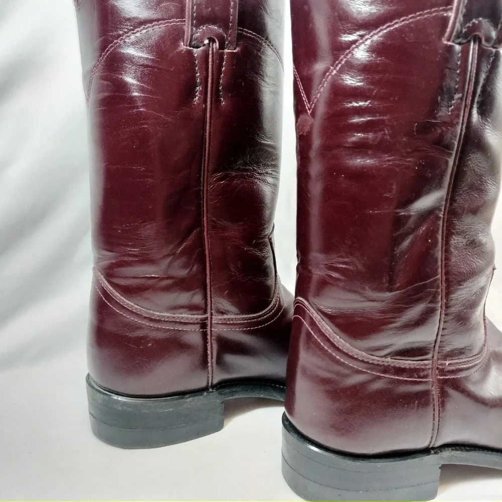 Justin Burgundy Cowboy Boots; Leather, Made in USA, Vintage, Western